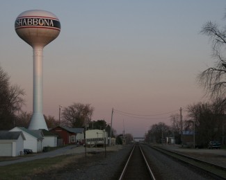 Shabbona IL / Nokomis St Towner water tower at sunset